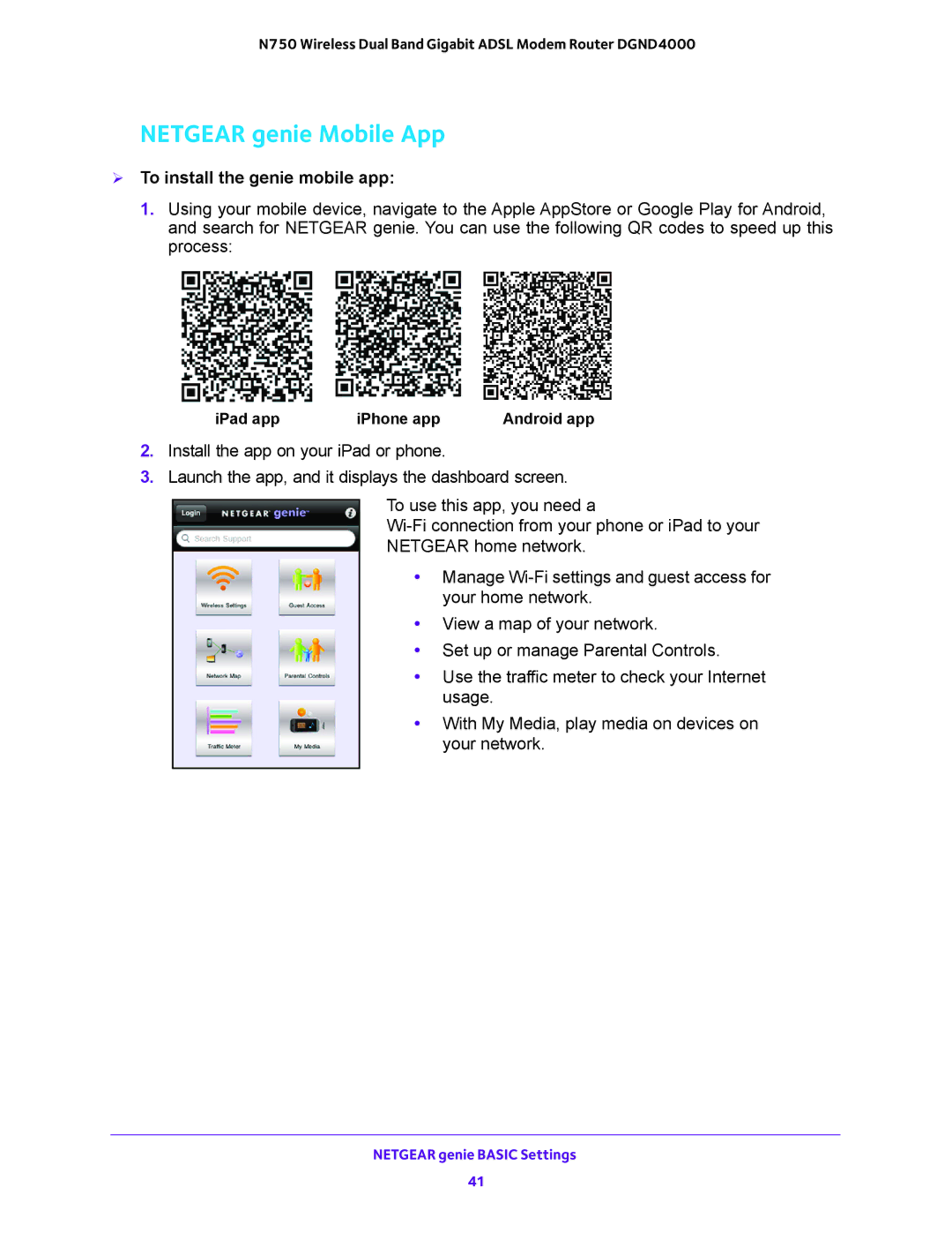 NETGEAR DGND4000 user manual Netgear genie Mobile App,  To install the genie mobile app 