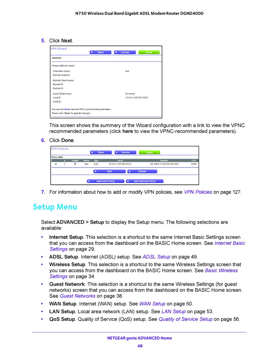 NETGEAR DGND4000 user manual Setup Menu 