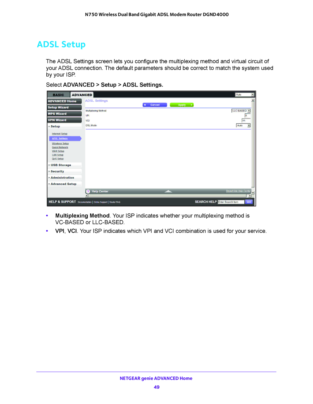 NETGEAR DGND4000 user manual Adsl Setup, Select Advanced Setup Adsl Settings 