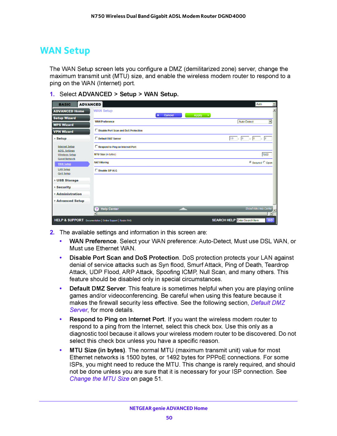 NETGEAR DGND4000 user manual Select Advanced Setup WAN Setup 