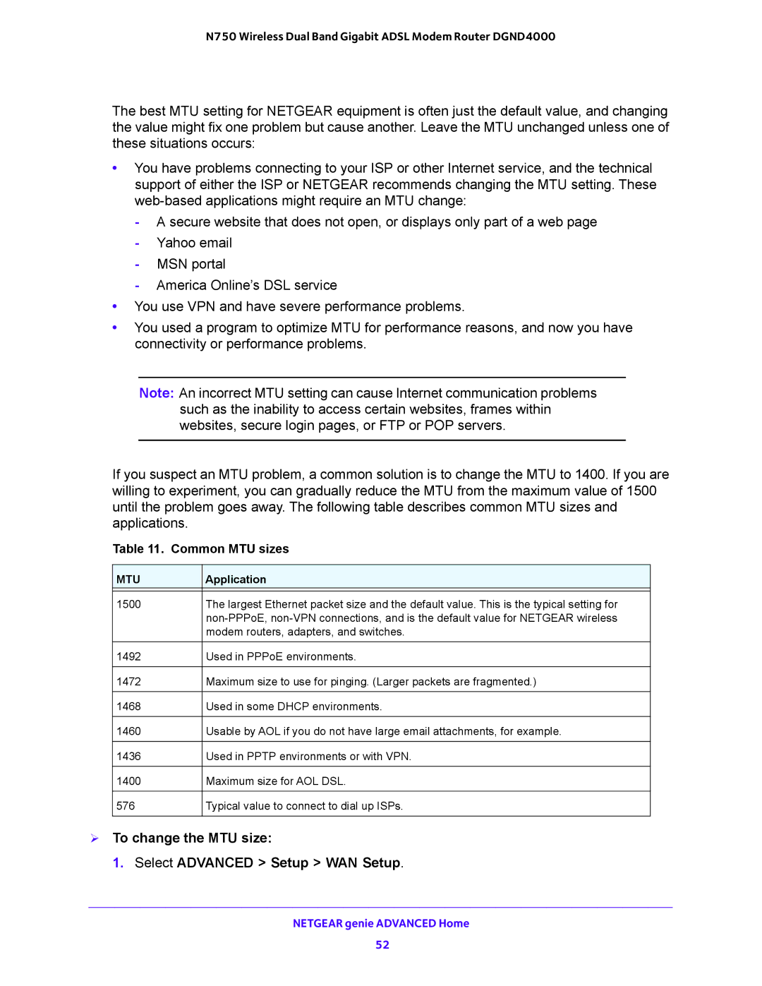 NETGEAR DGND4000 user manual  To change the MTU size Select Advanced Setup WAN Setup, Common MTU sizes 