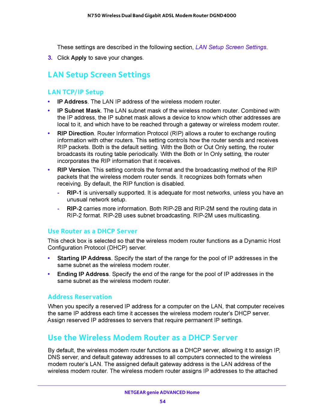 NETGEAR DGND4000 user manual LAN Setup Screen Settings, Use the Wireless Modem Router as a Dhcp Server, LAN TCP/IP Setup 