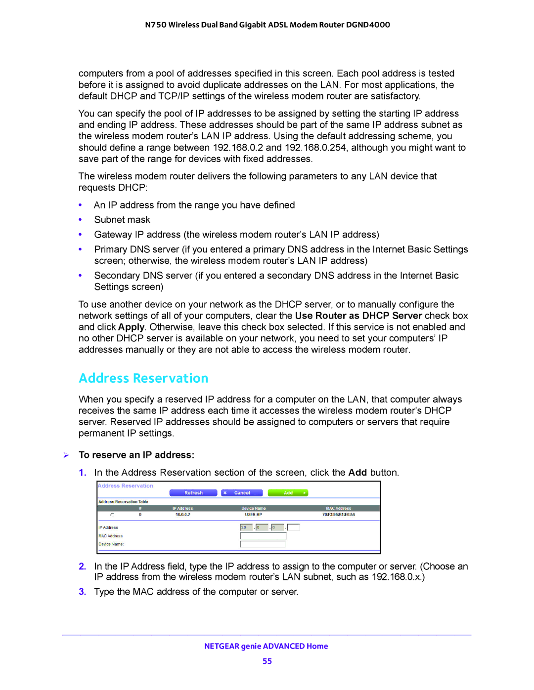 NETGEAR DGND4000 user manual Address Reservation,  To reserve an IP address 