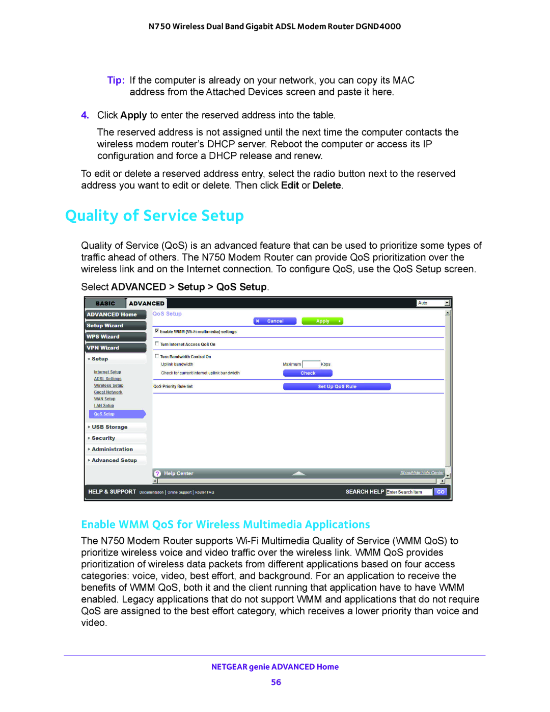 NETGEAR DGND4000 user manual Quality of Service Setup, Enable WMM QoS for Wireless Multimedia Applications 