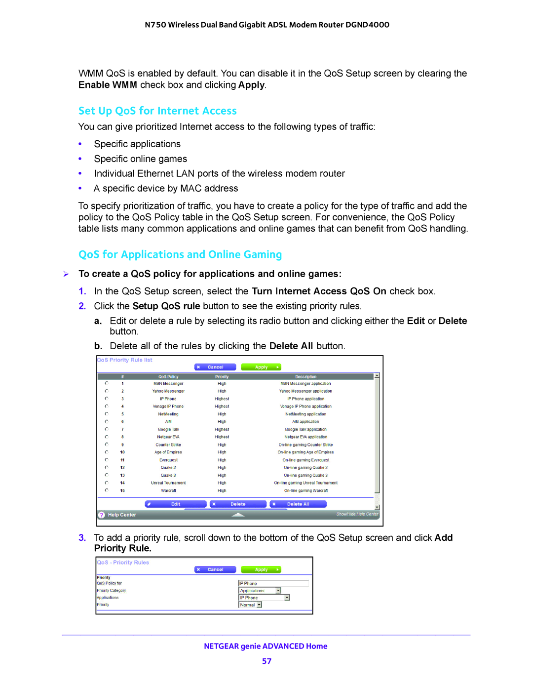 NETGEAR DGND4000 user manual Set Up QoS for Internet Access, QoS for Applications and Online Gaming, Priority Rule 