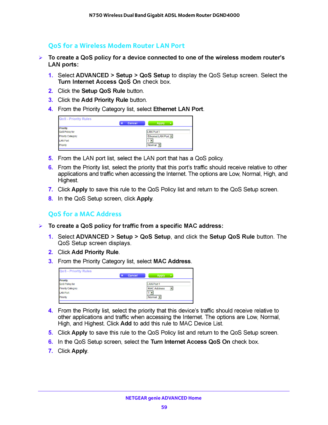 NETGEAR DGND4000 QoS for a Wireless Modem Router LAN Port, QoS for a MAC Address, Click the Add Priority Rule button 