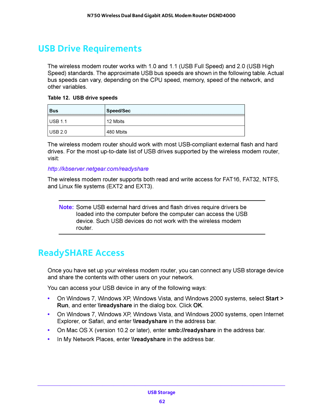 NETGEAR DGND4000 user manual USB Drive Requirements, ReadySHARE Access 