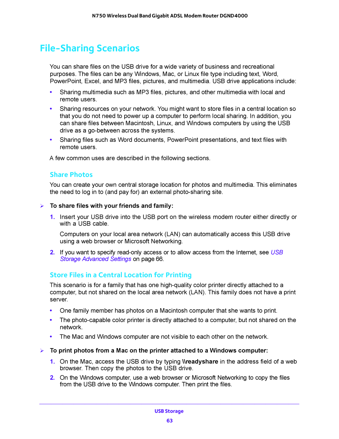 NETGEAR DGND4000 user manual File-Sharing Scenarios, Share Photos, Store Files in a Central Location for Printing 