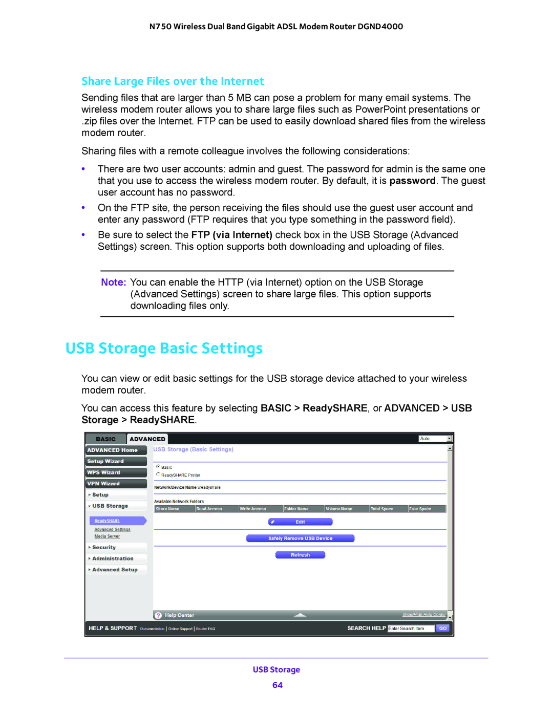 NETGEAR DGND4000 user manual USB Storage Basic Settings, Share Large Files over the Internet 