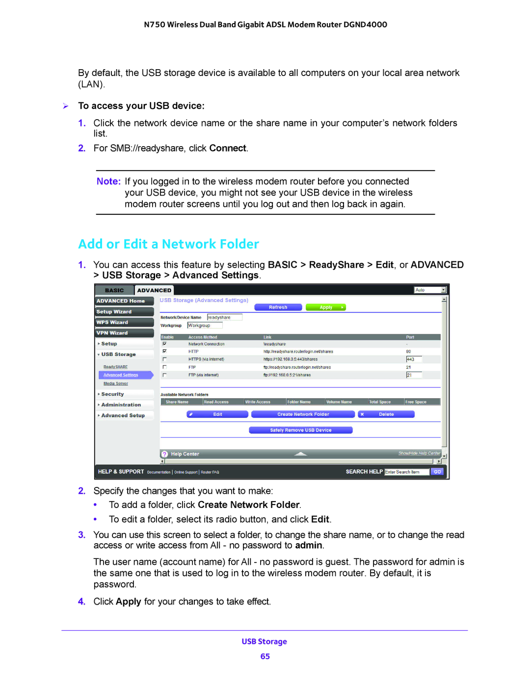 NETGEAR DGND4000 user manual Add or Edit a Network Folder,  To access your USB device 