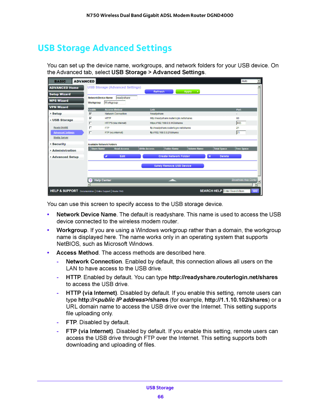 NETGEAR DGND4000 user manual USB Storage Advanced Settings 