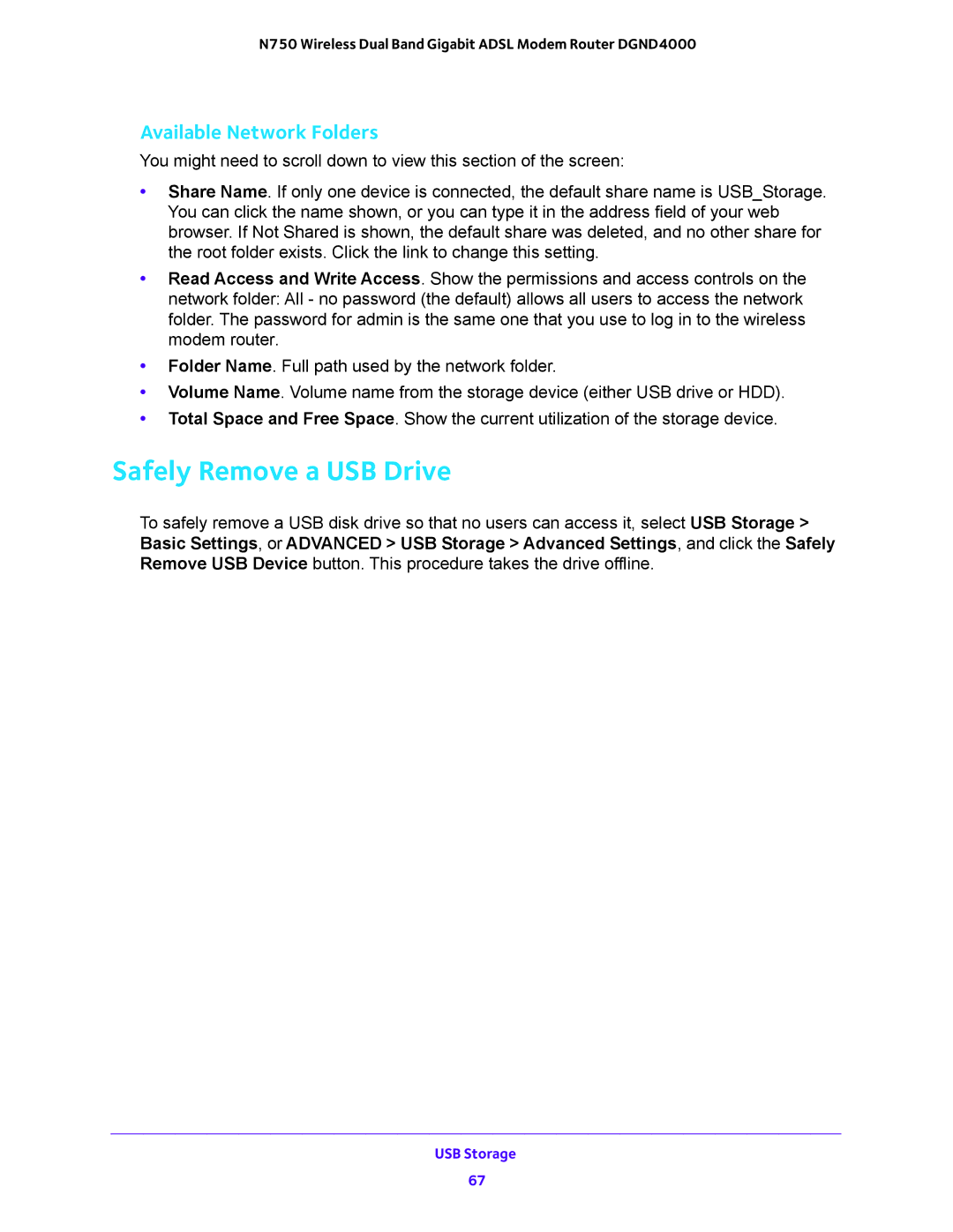 NETGEAR DGND4000 user manual Safely Remove a USB Drive, Available Network Folders 