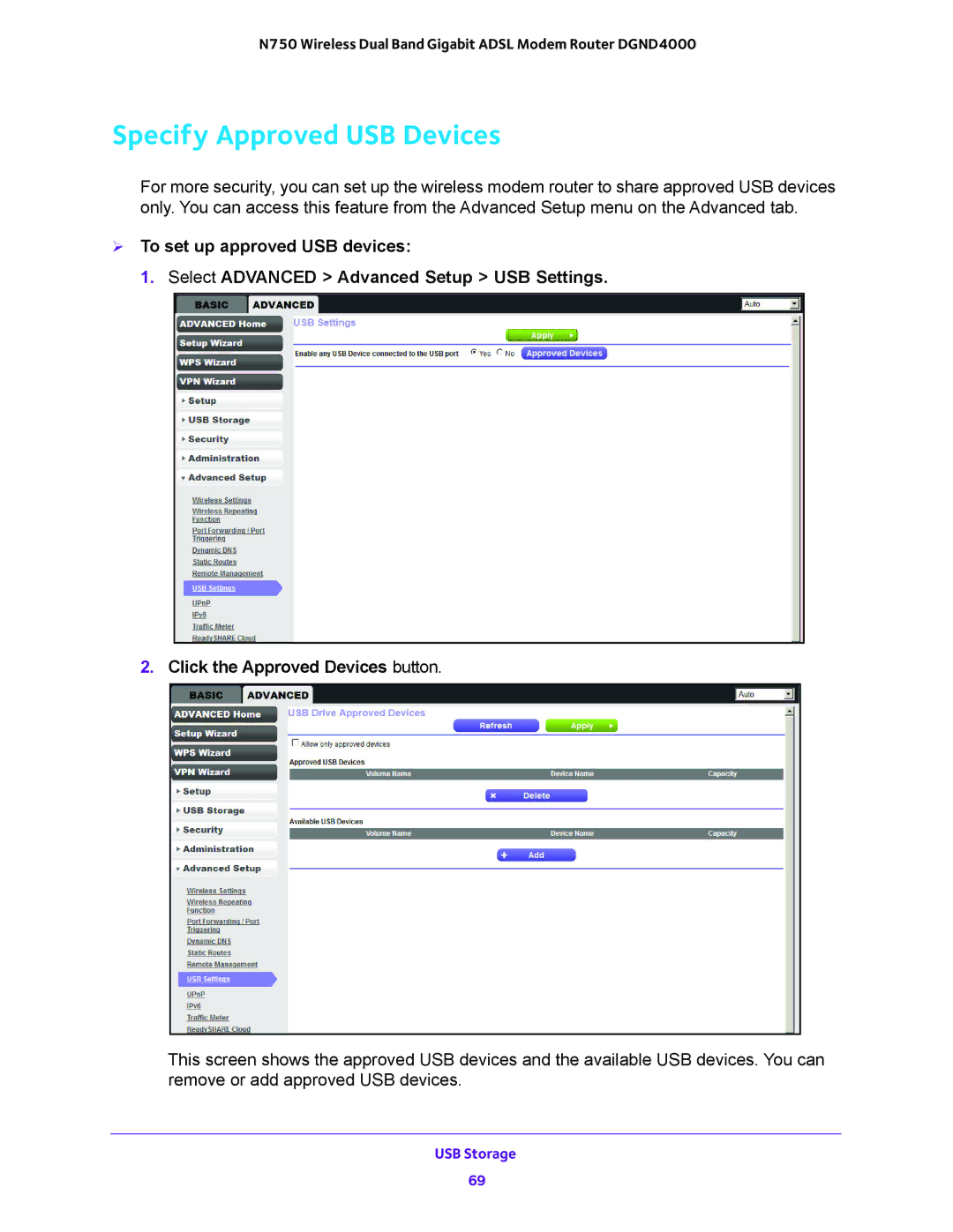 NETGEAR DGND4000 user manual Specify Approved USB Devices 