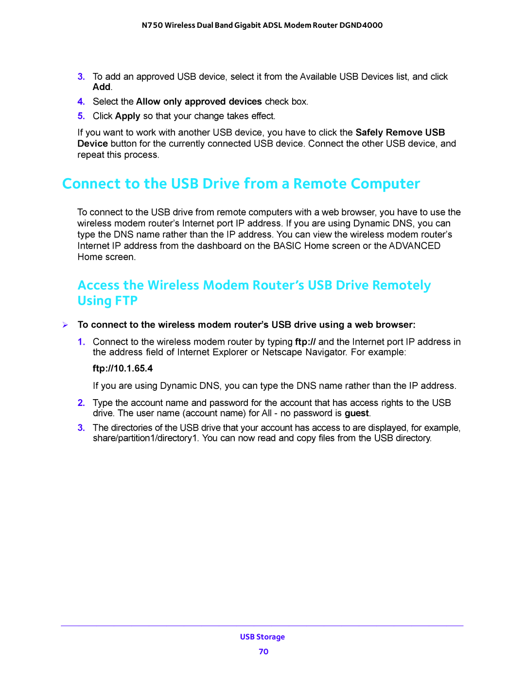 NETGEAR DGND4000 Connect to the USB Drive from a Remote Computer, Select the Allow only approved devices check box 