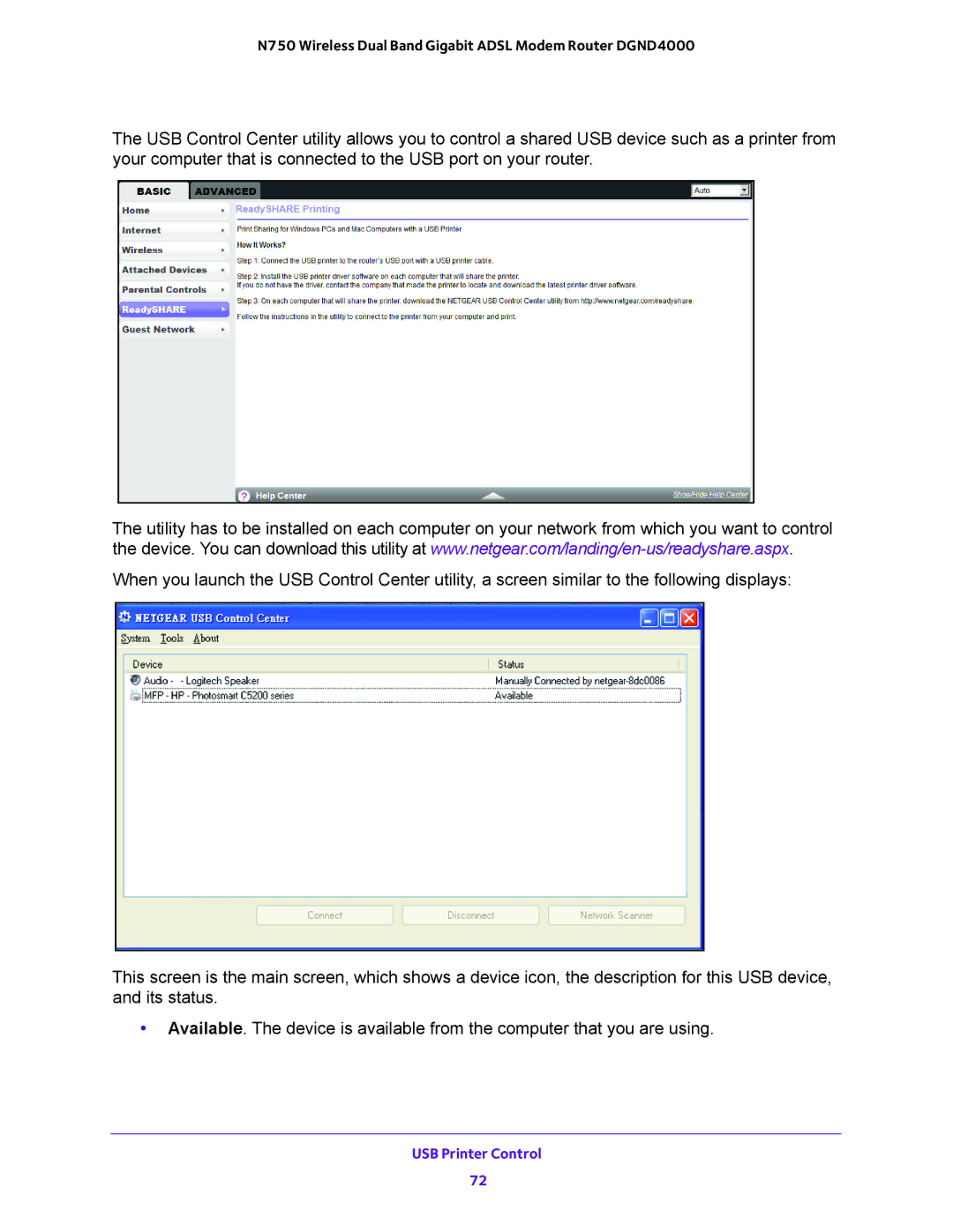 NETGEAR DGND4000 user manual USB Printer Control 