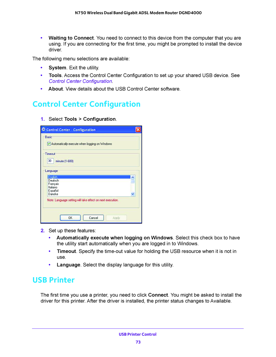 NETGEAR DGND4000 user manual Control Center Configuration, USB Printer, Select Tools Configuration 