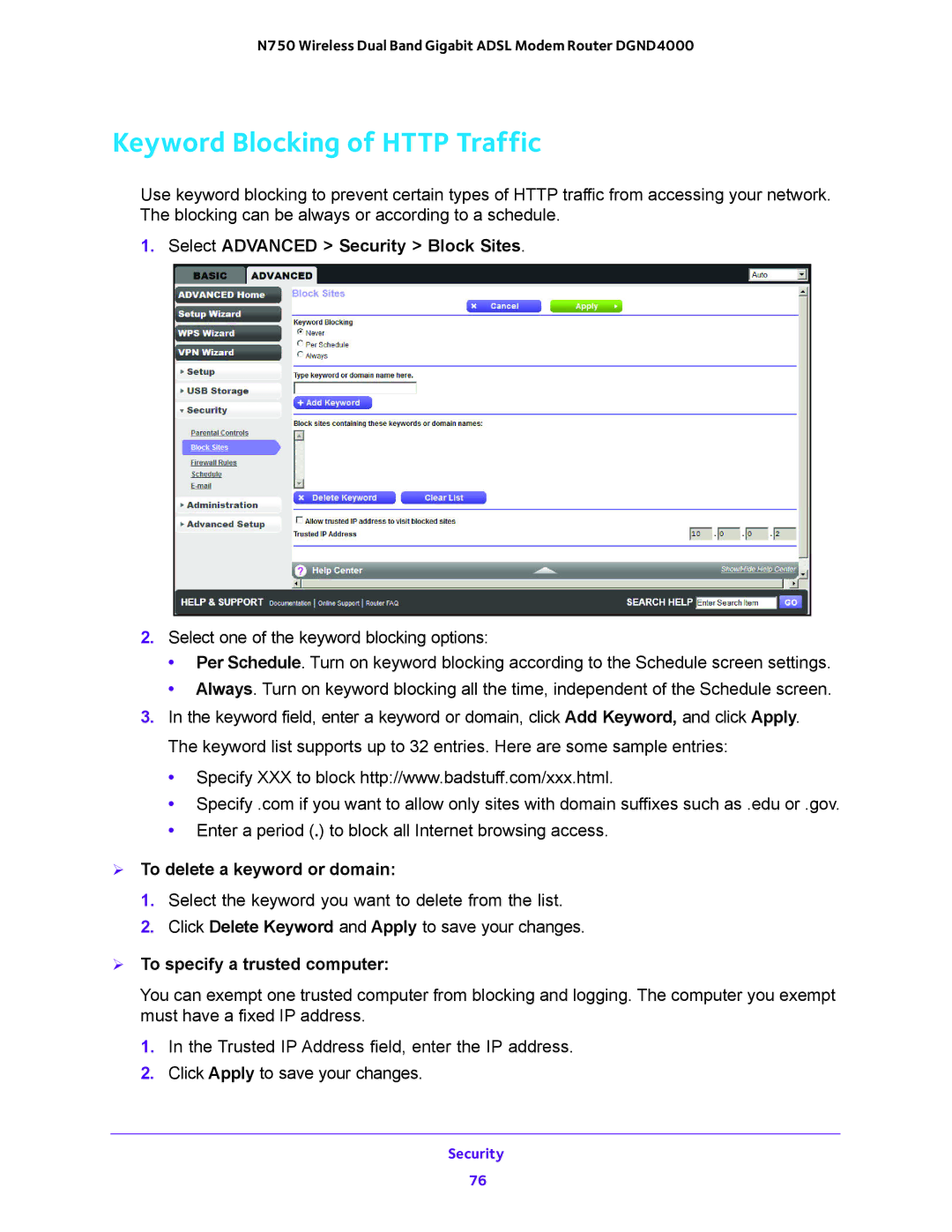 NETGEAR DGND4000 Keyword Blocking of Http Traffic, Select Advanced Security Block Sites,  To delete a keyword or domain 