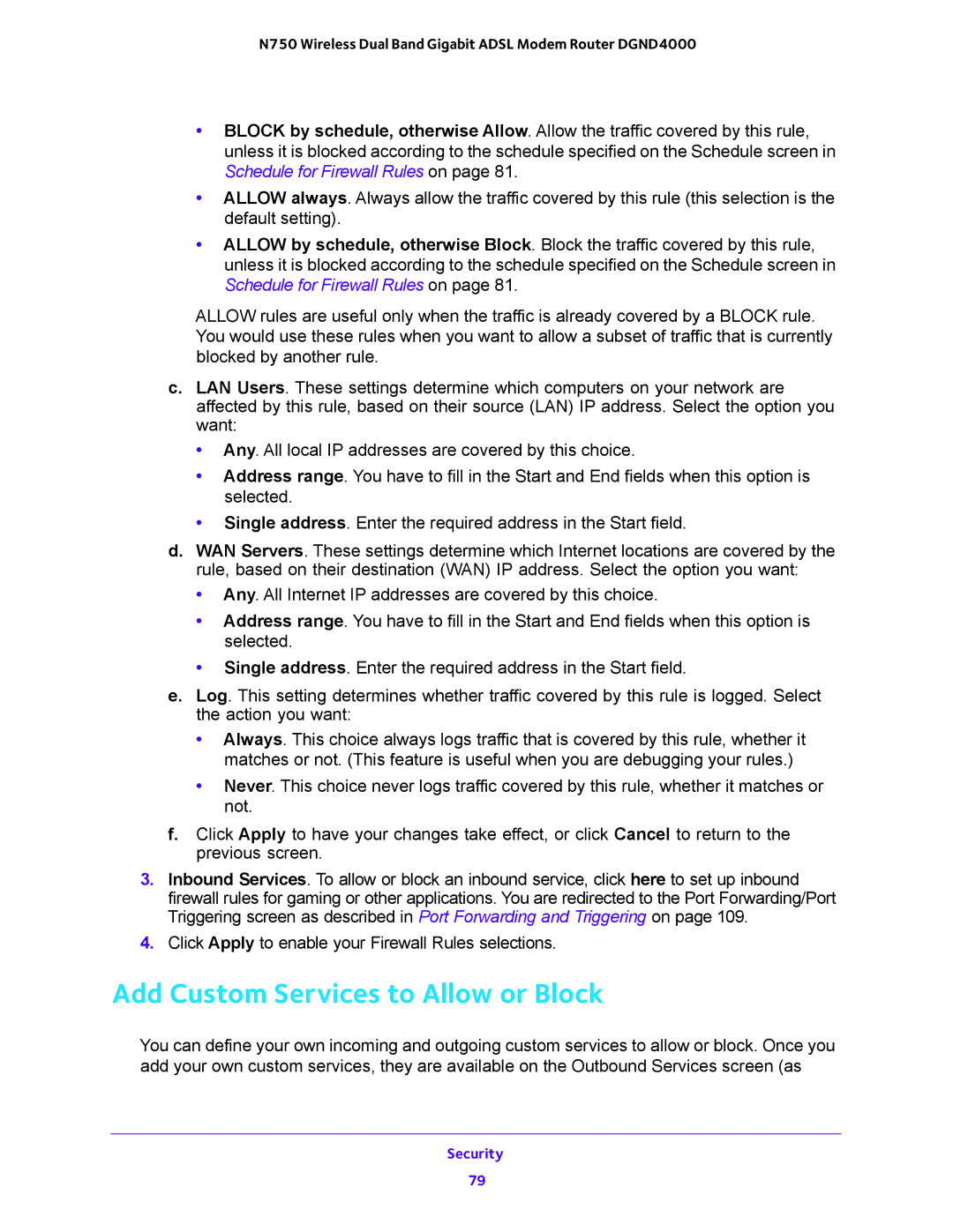 NETGEAR DGND4000 user manual Add Custom Services to Allow or Block 