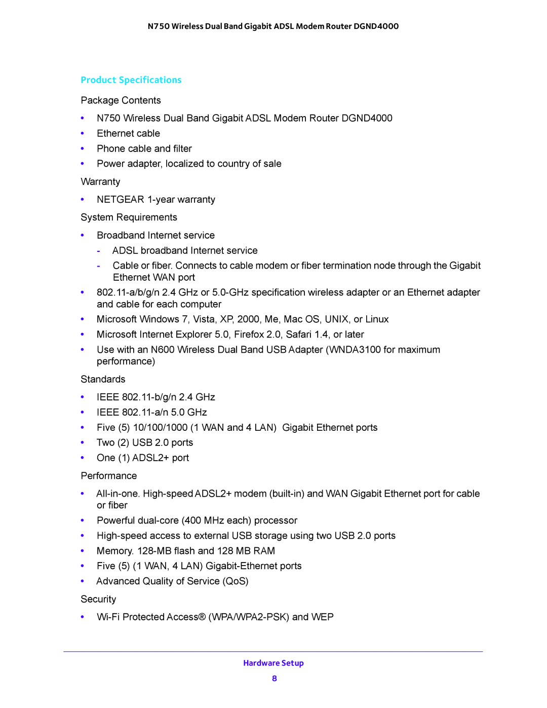 NETGEAR DGND4000 user manual Product Specifications 