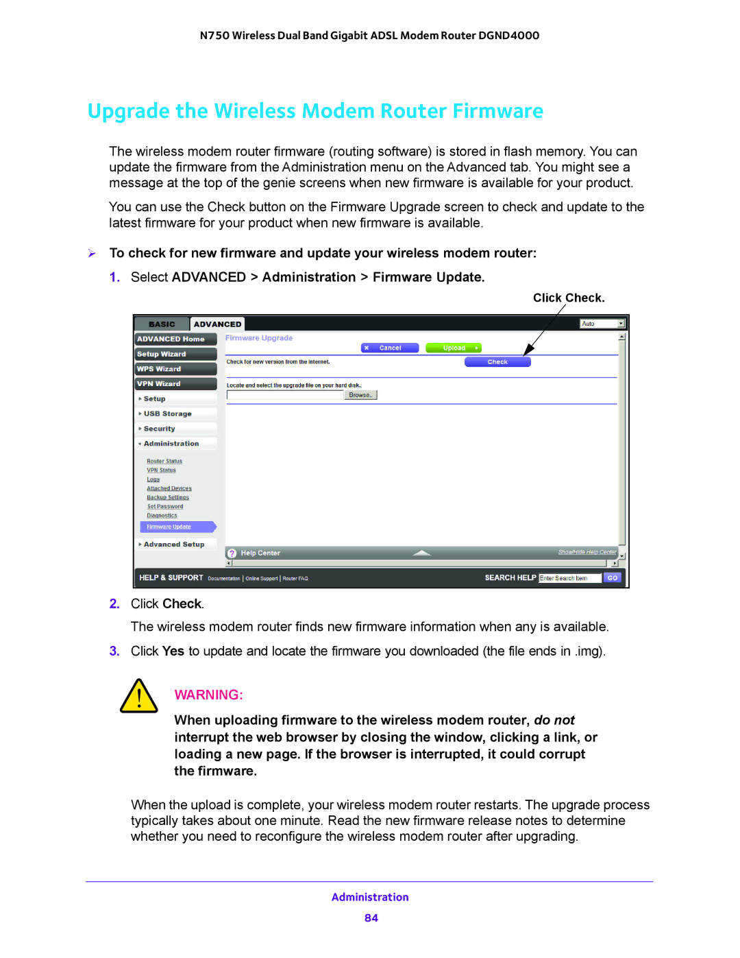 NETGEAR DGND4000 user manual Upgrade the Wireless Modem Router Firmware 