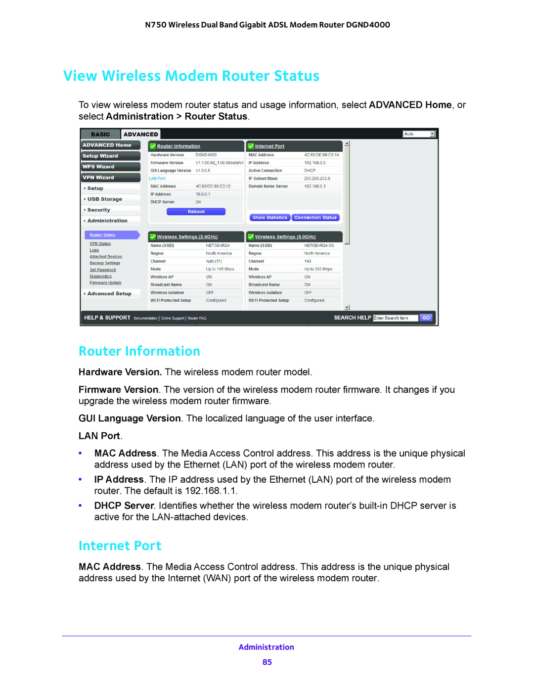 NETGEAR DGND4000 user manual View Wireless Modem Router Status, Router Information, Internet Port, LAN Port 