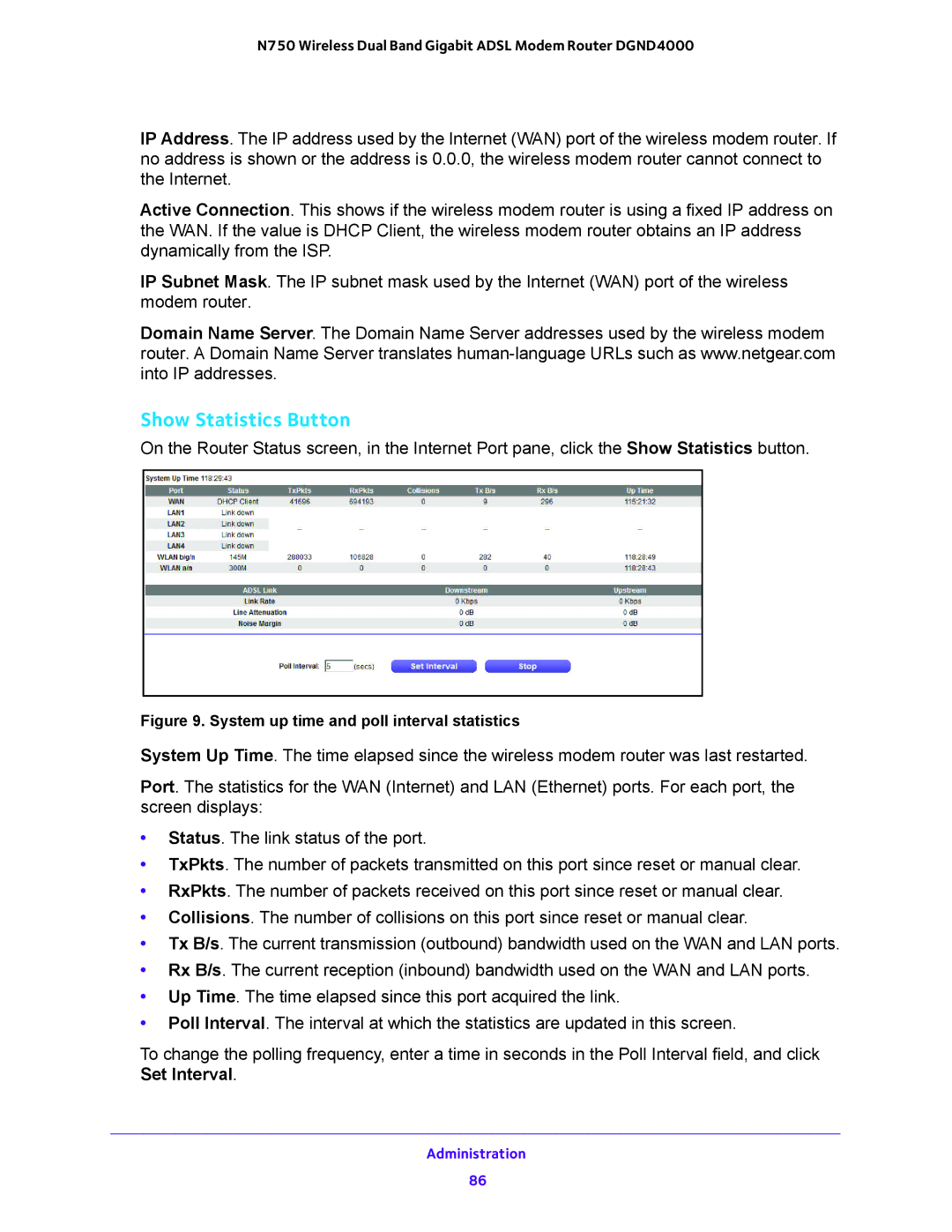 NETGEAR DGND4000 user manual Show Statistics Button, System up time and poll interval statistics 