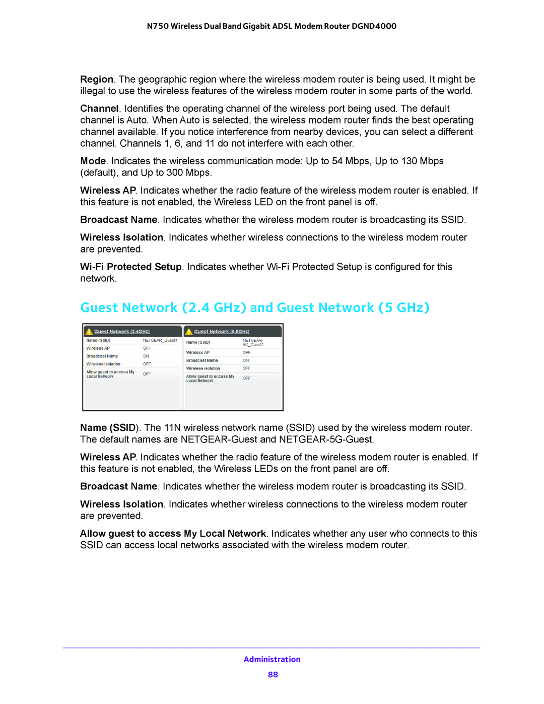 NETGEAR DGND4000 user manual Guest Network 2.4 GHz and Guest Network 5 GHz 