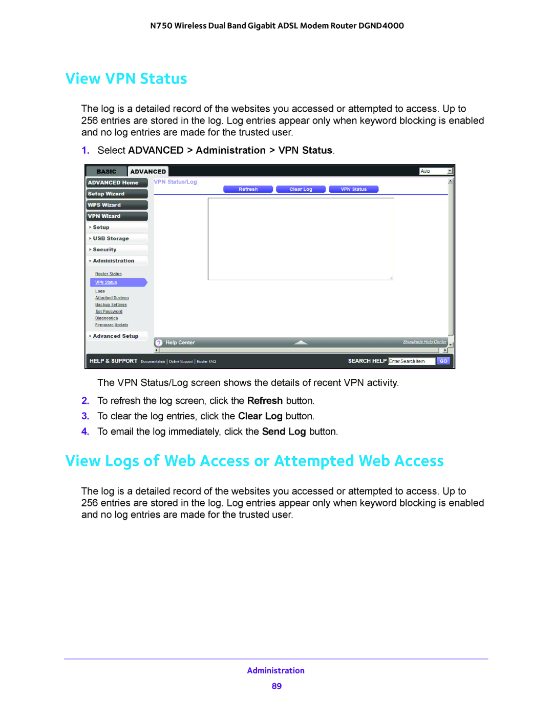 NETGEAR DGND4000 user manual View VPN Status, View Logs of Web Access or Attempted Web Access 