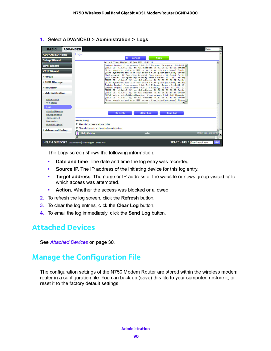 NETGEAR DGND4000 user manual Manage the Configuration File, Select Advanced Administration Logs 