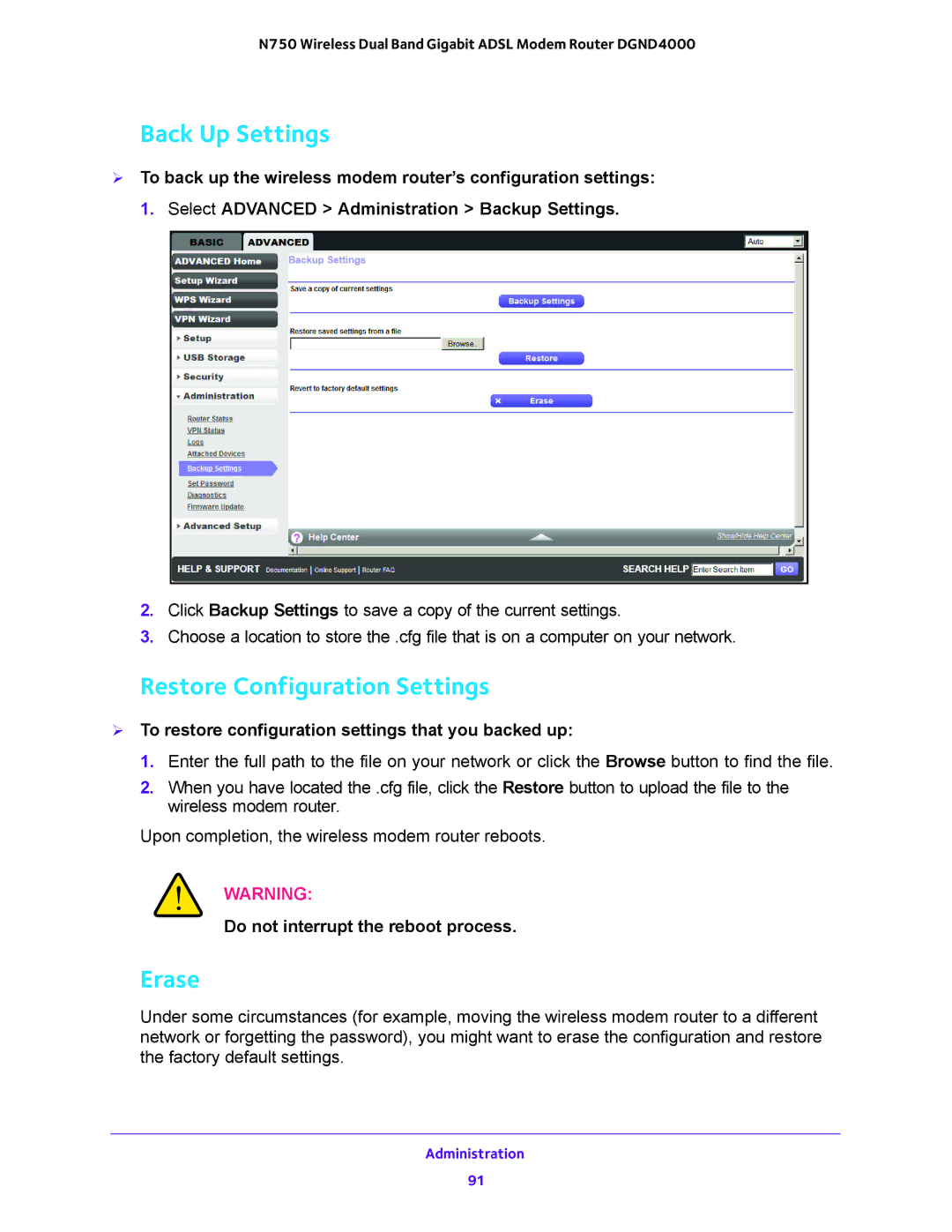 NETGEAR DGND4000 user manual Back Up Settings, Restore Configuration Settings, Erase, Do not interrupt the reboot process 