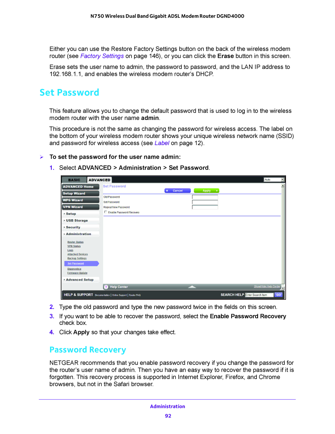 NETGEAR DGND4000 user manual Set Password, Password Recovery 