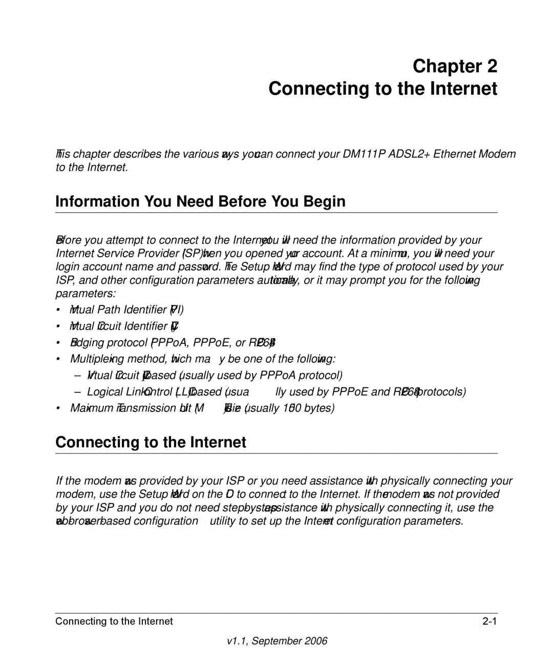 NETGEAR DM111P manual Chapter Connecting to the Internet, Information You Need Before You Begin 