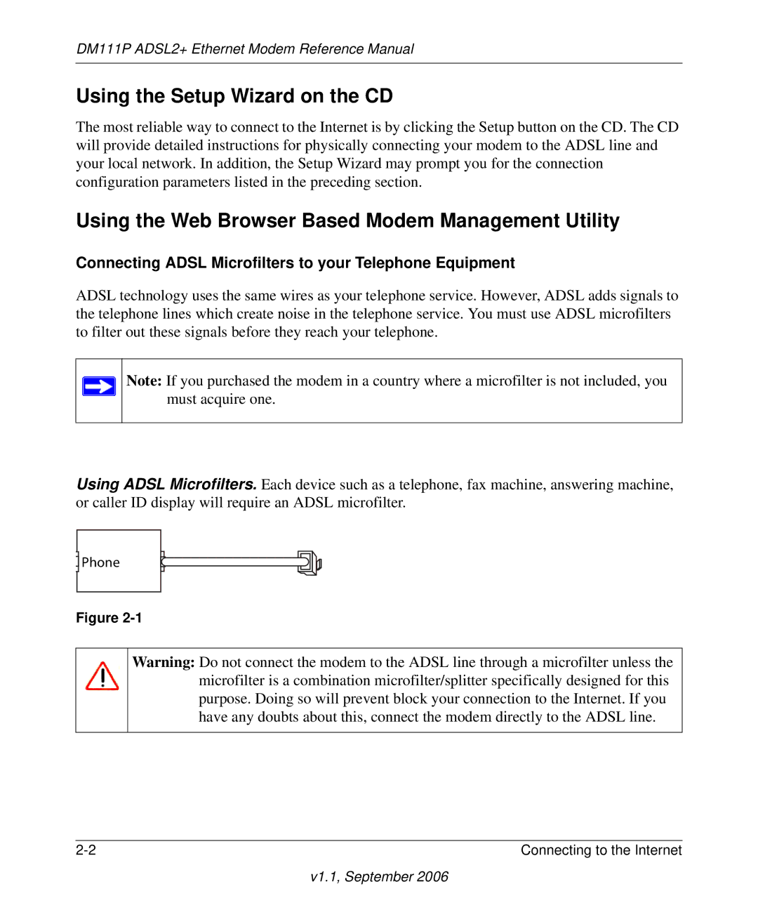 NETGEAR DM111P manual Using the Setup Wizard on the CD, Using the Web Browser Based Modem Management Utility, Phone 