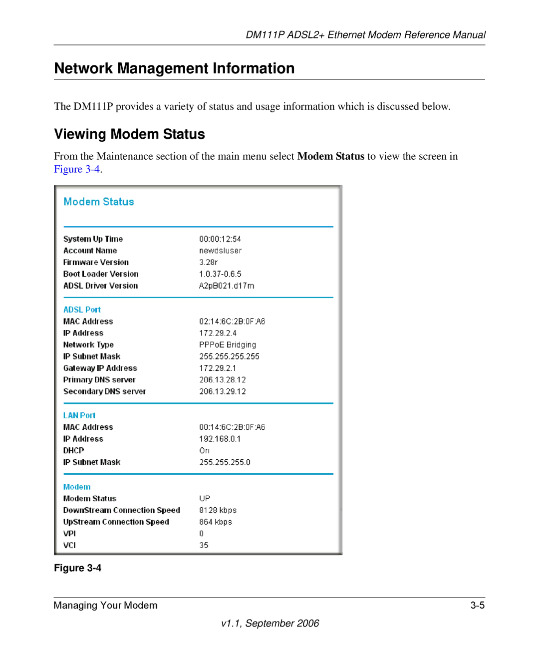 NETGEAR DM111P manual Network Management Information, Viewing Modem Status 