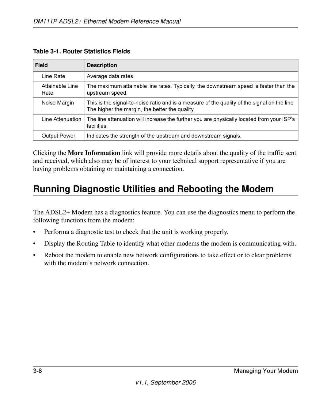 NETGEAR DM111P manual Running Diagnostic Utilities and Rebooting the Modem, Router Statistics Fields 