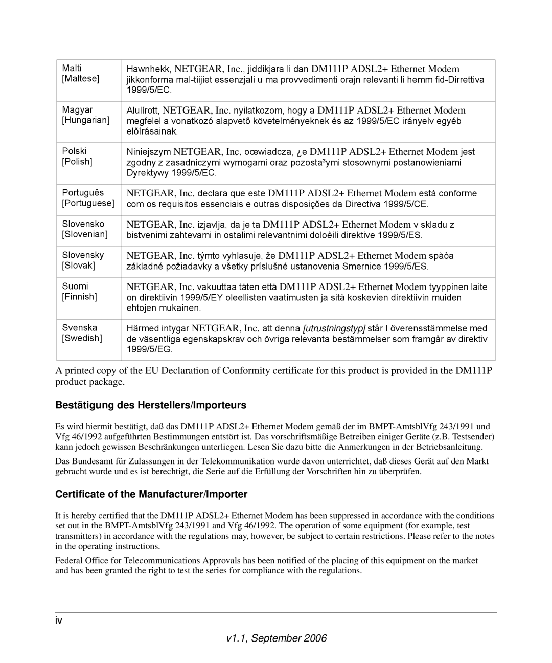 NETGEAR DM111P manual Bestätigung des Herstellers/Importeurs, Certificate of the Manufacturer/Importer 