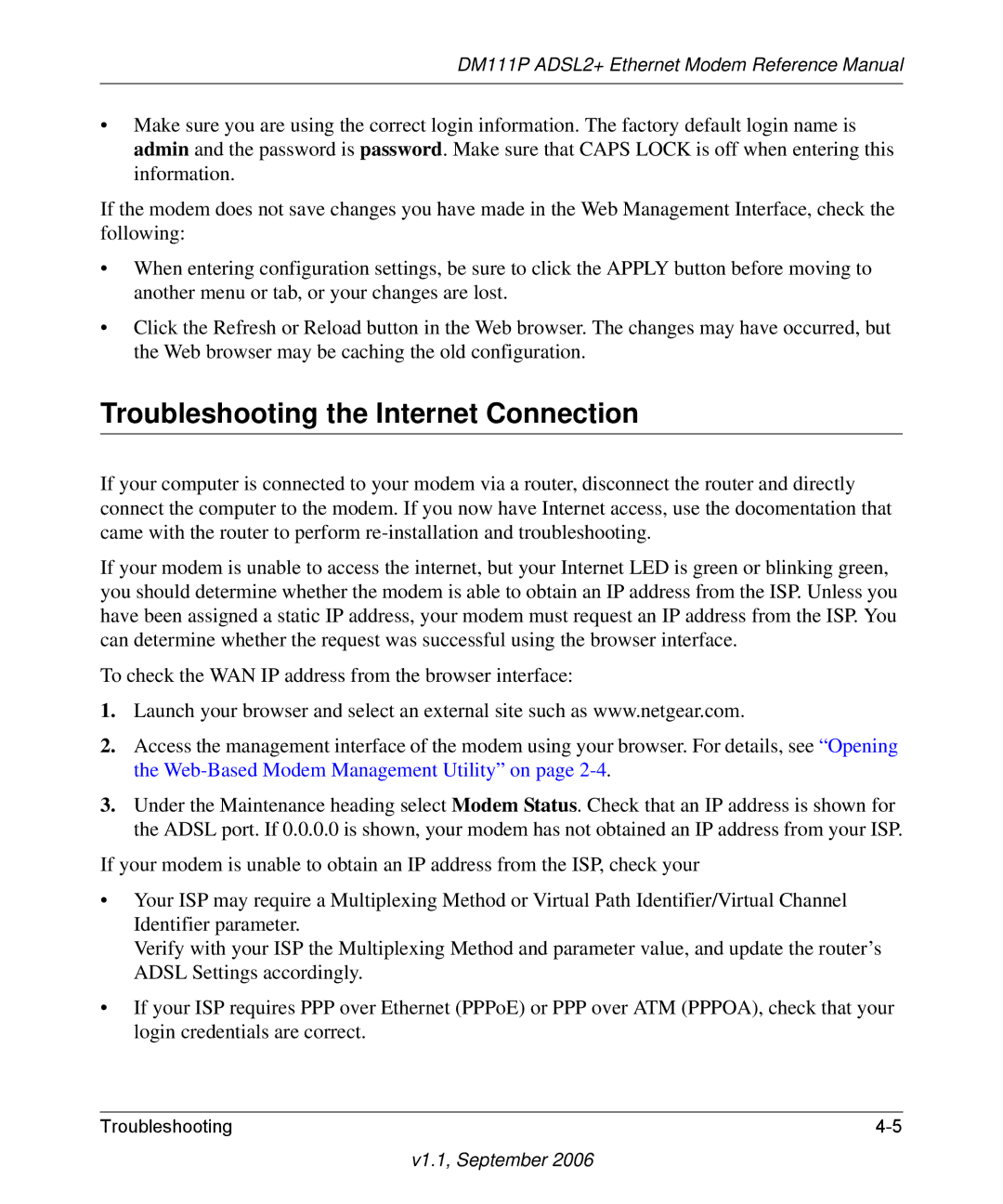 NETGEAR DM111P manual Troubleshooting the Internet Connection 