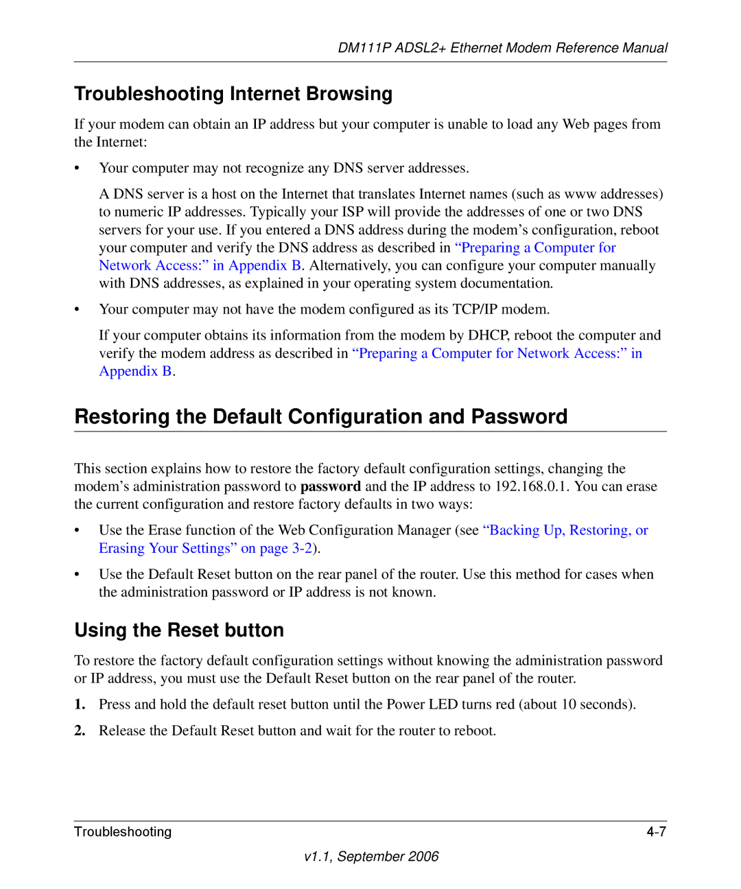 NETGEAR DM111P Restoring the Default Configuration and Password, Troubleshooting Internet Browsing, Using the Reset button 