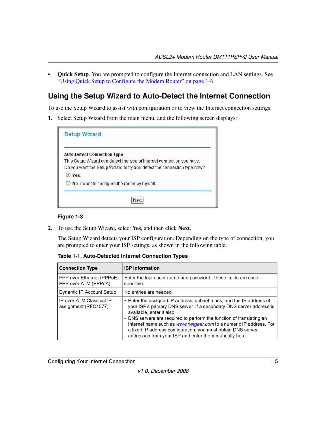 NETGEAR DM111PSPv2 user manual Auto-Detected Internet Connection Types, Connection Type ISP Information 