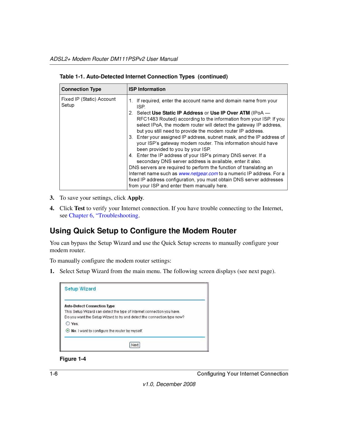 NETGEAR DM111PSPv2 Using Quick Setup to Configure the Modem Router, Select Use Static IP Address or Use IP Over ATM IPoA 