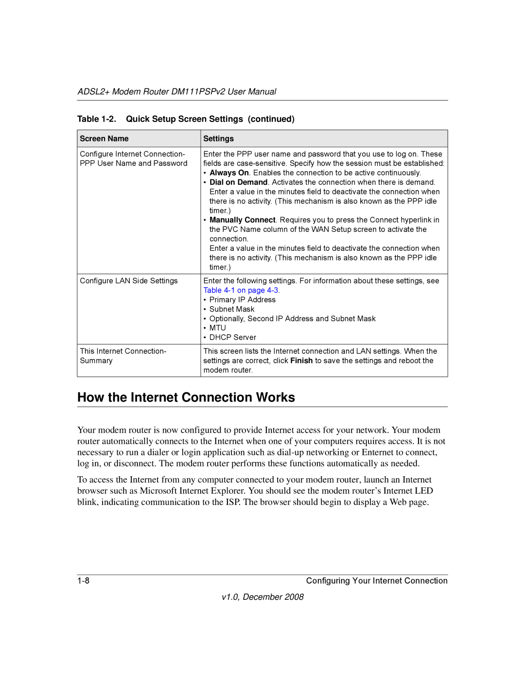 NETGEAR DM111PSPv2 user manual How the Internet Connection Works 