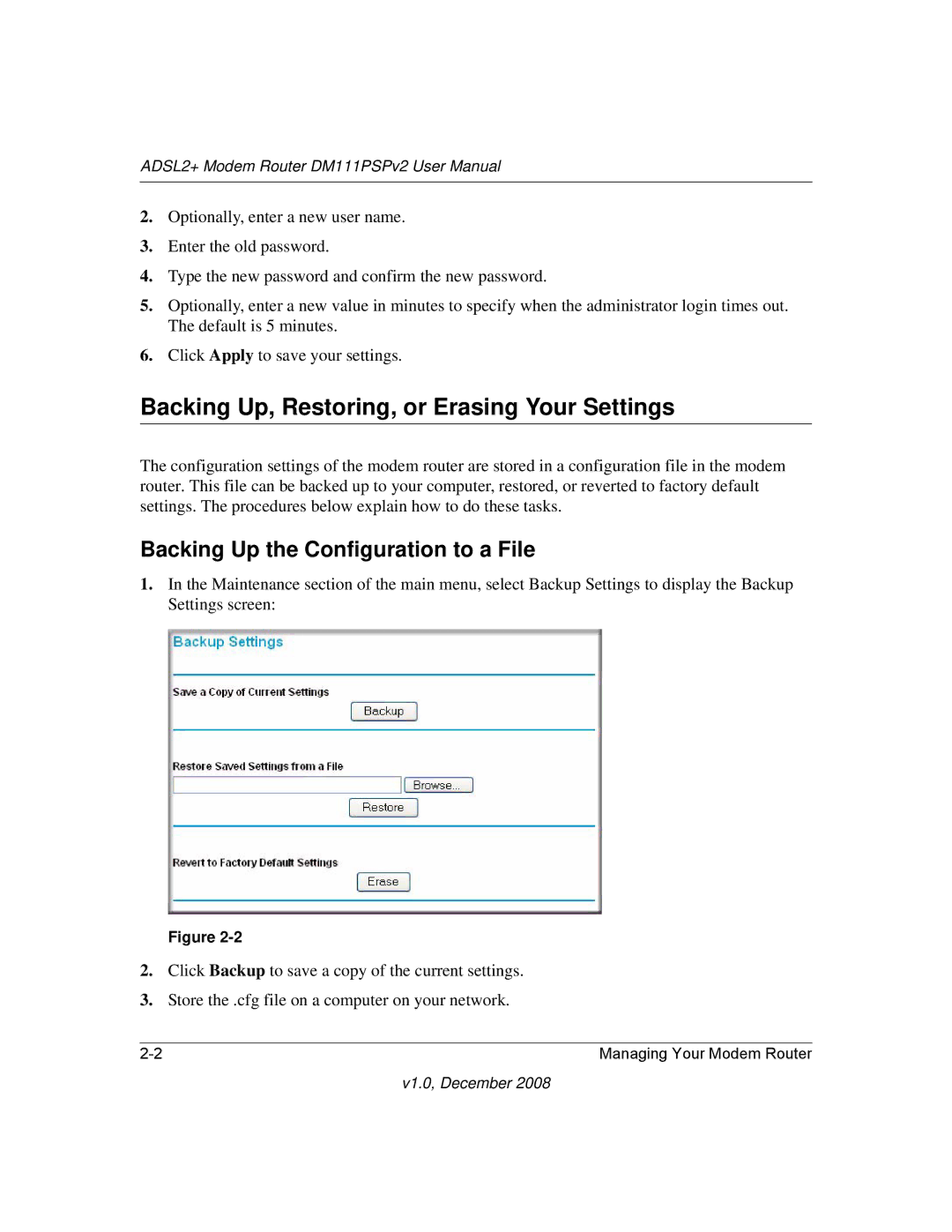 NETGEAR DM111PSPv2 user manual Backing Up, Restoring, or Erasing Your Settings, Backing Up the Configuration to a File 