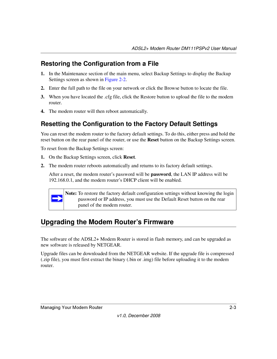 NETGEAR DM111PSPv2 user manual Upgrading the Modem Router’s Firmware, Restoring the Configuration from a File 