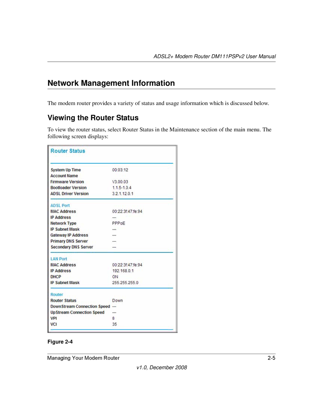 NETGEAR DM111PSPv2 user manual Network Management Information, Viewing the Router Status 