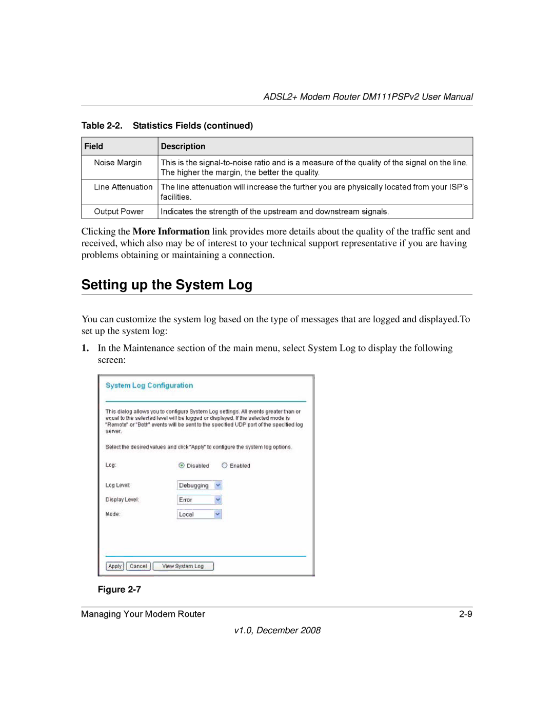 NETGEAR DM111PSPv2 user manual Setting up the System Log, Noise Margin 