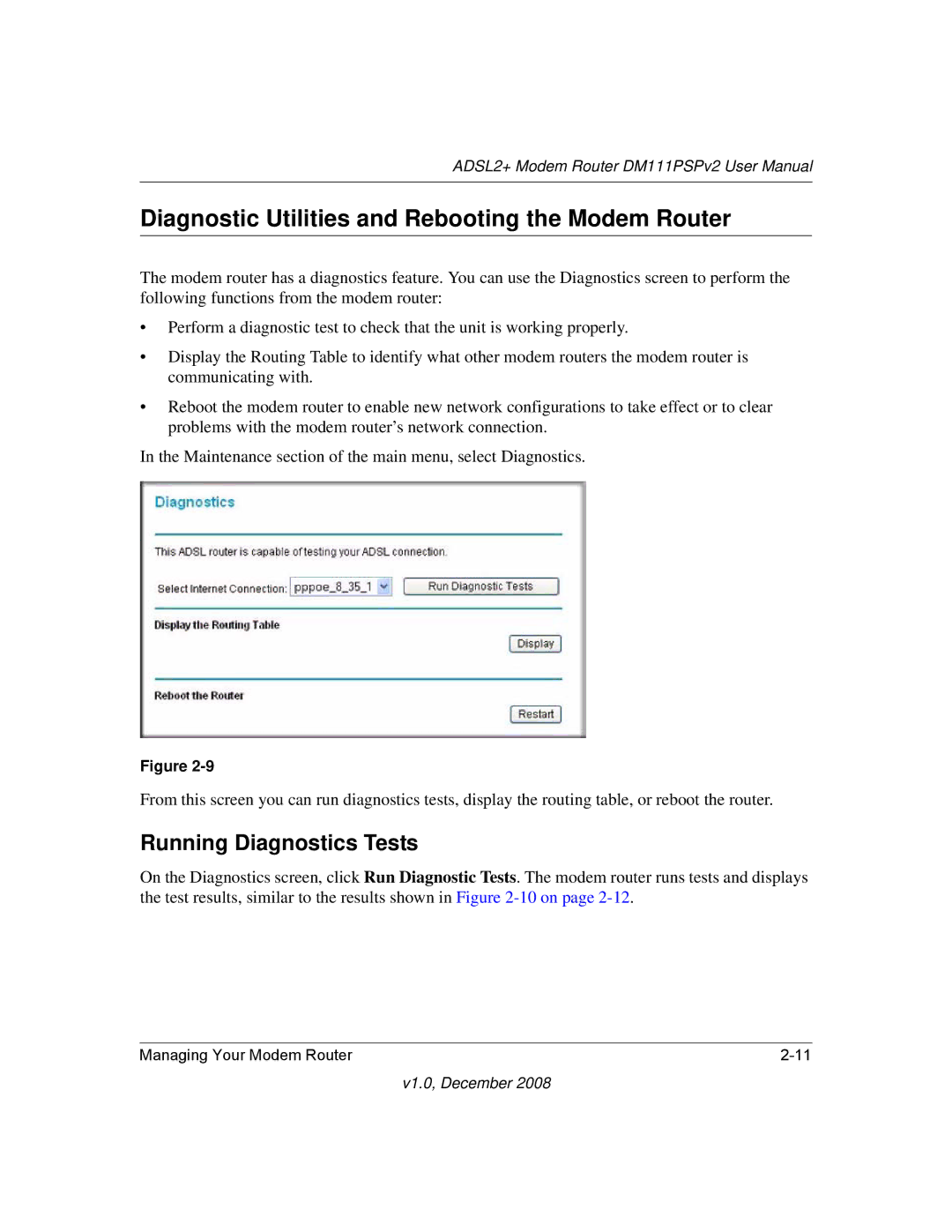 NETGEAR DM111PSPv2 user manual Diagnostic Utilities and Rebooting the Modem Router, Running Diagnostics Tests 