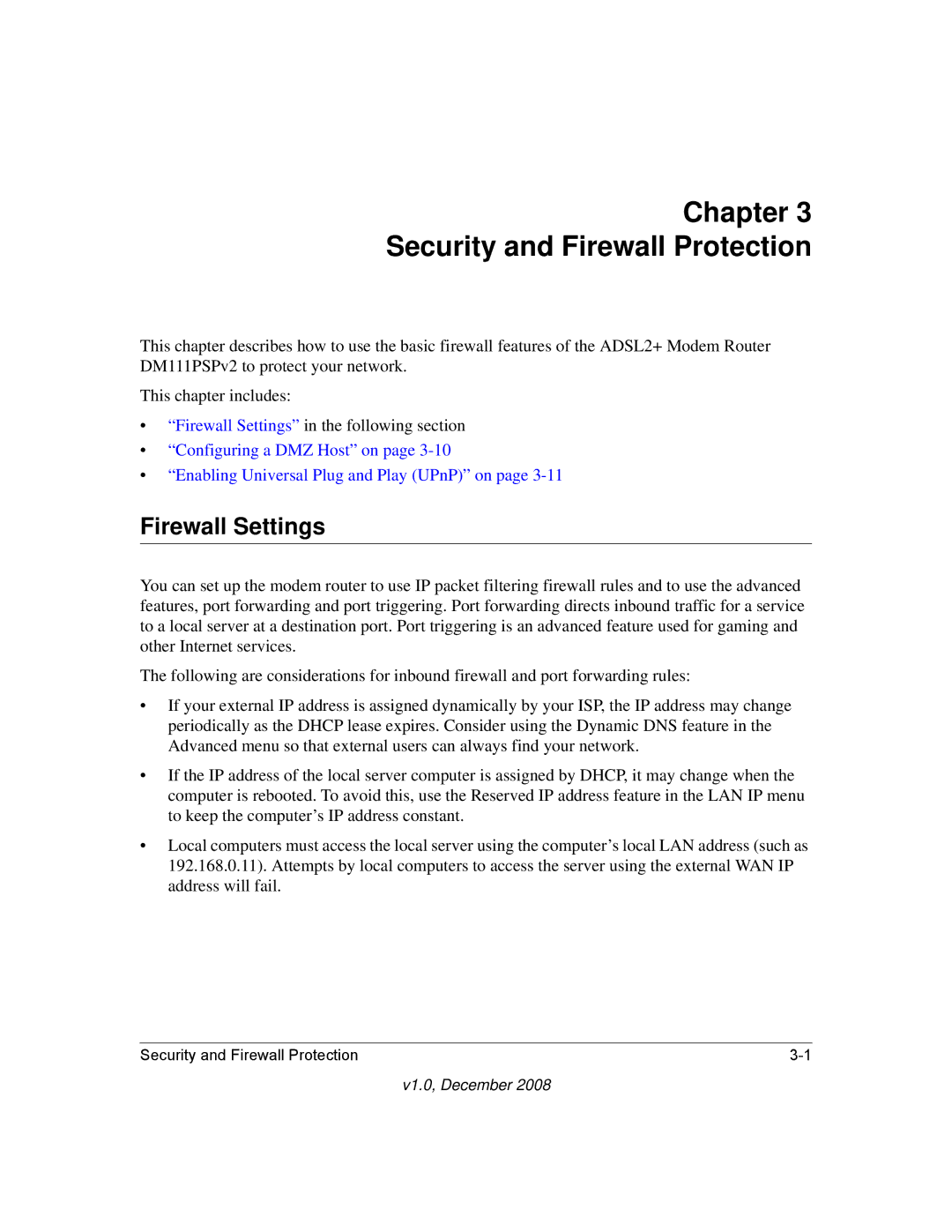 NETGEAR DM111PSPv2 user manual Chapter Security and Firewall Protection, Firewall Settings 