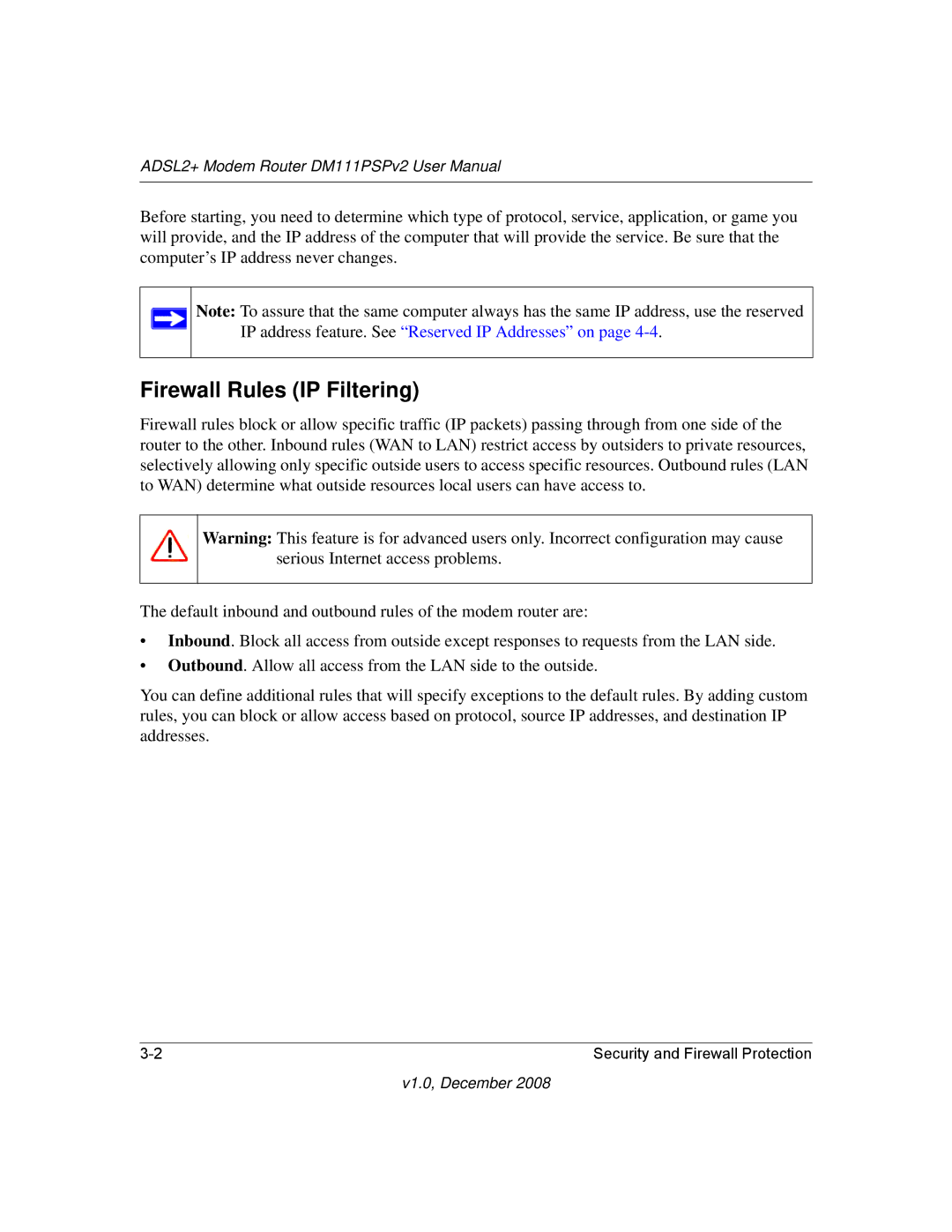 NETGEAR DM111PSPv2 user manual Firewall Rules IP Filtering 