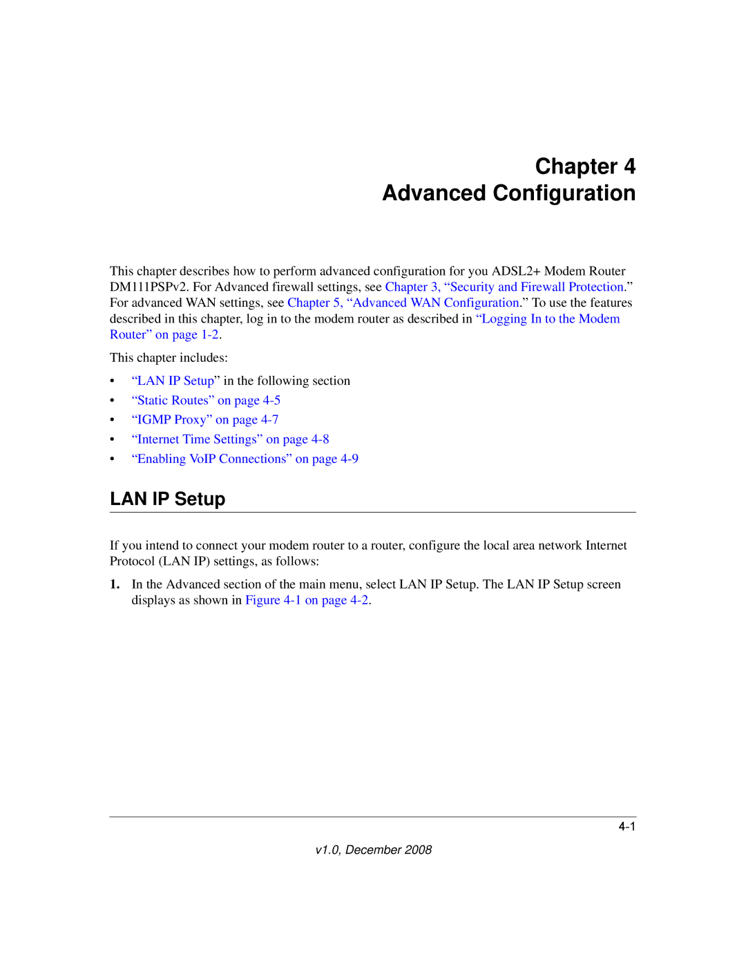 NETGEAR DM111PSPv2 user manual Chapter Advanced Configuration, LAN IP Setup 