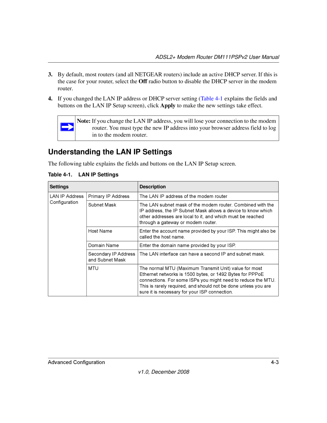 NETGEAR DM111PSPv2 user manual Understanding the LAN IP Settings 